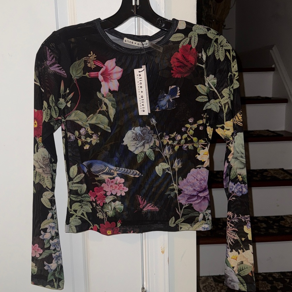Alice + Olivia Crewneck Mesh Long Sleeve Top